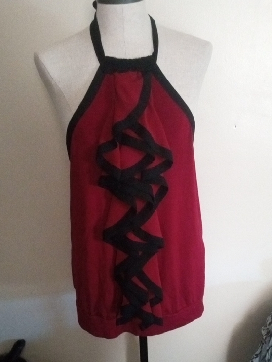 The Limited Tops - The Limited Gothic, Grunge Red Halter Top with Black Trim and Sheer Tie Up
